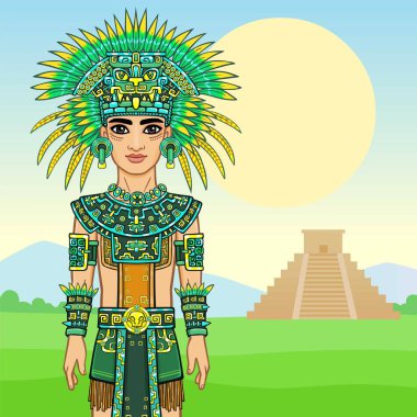 Animasyon, Kızılderili elbiseli genç adam portresi. Arka plan - bir yaz peyzaj, antik bir piramit. Vektör çizim.