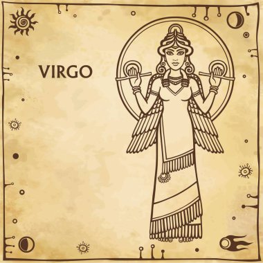 Başak burcu. Sümer sanat nedenleri üzerinde tabanlı çizim. Tam büyüme. Arka plan - taklit eski kağıt, alanı simgeler. Metin için yer. Vektör çizim.