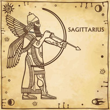 Burç yay. Sümer sanat nedenleri üzerinde tabanlı çizim. Tam büyüme. Arka plan - taklit eski kağıt, alanı simgeler. Metin için yer. Vektör çizim.