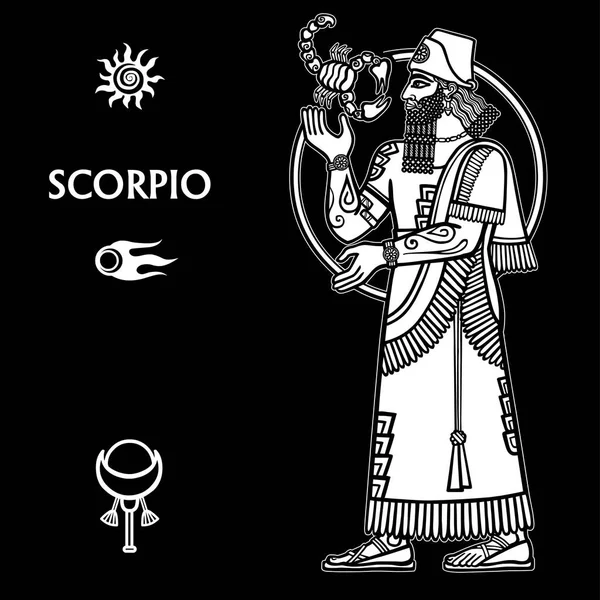 Signo del zodíaco Escorpio. Crecimiento total. Dibujo blanco aislado sobre un fondo negro, basado en motivos del arte sumerio. Ilustración vectorial . — Vector de stock