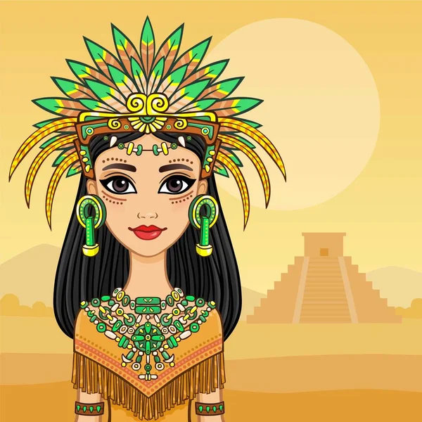 这个美丽的女孩穿着美国土著印第安人的动画肖像。背景-夏天景观、 古老的金字塔。矢量图. — 图库矢量图片