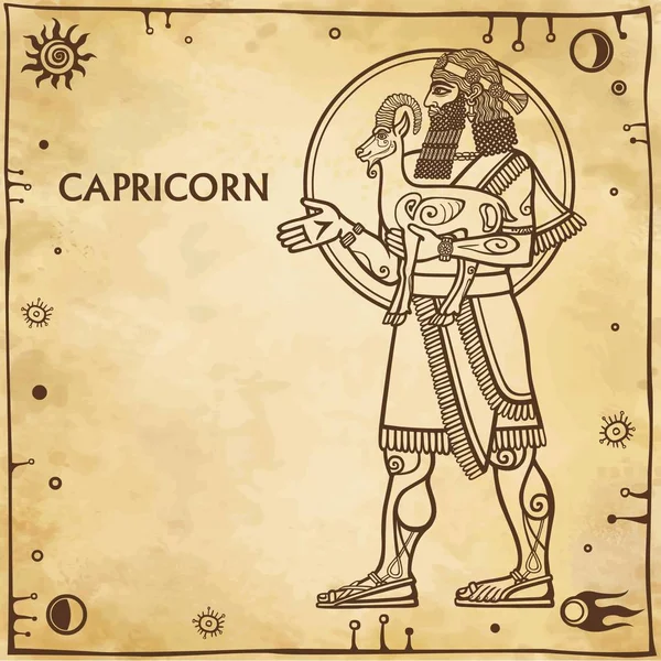 Signo del zodíaco Capricornio. Dibujo basado en motivos del arte sumerio. Crecimiento total. Fondo - imitación de papel viejo, símbolos espaciales. El lugar para el texto. Ilustración vectorial . — Archivo Imágenes Vectoriales