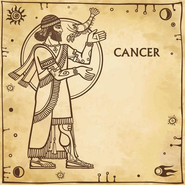 Zvěrokruh znamení raka. Kresba na motivy sumerské umění. Plné růst. Pozadí - imitace starého papíru, vesmírné symboly. Místo pro text. Vektorové ilustrace. — Stockový vektor