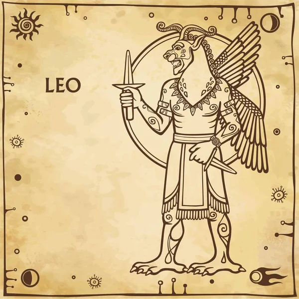 Sterrenbeeld Leo. Beeld van de persoon - een centaur. Karakter van de Sumerische mythologie. Volle groei. Achtergrond - imitatie van oud papier, symbolen van de ruimte. De plaats voor de tekst. Vectorillustratie. — Stockvector