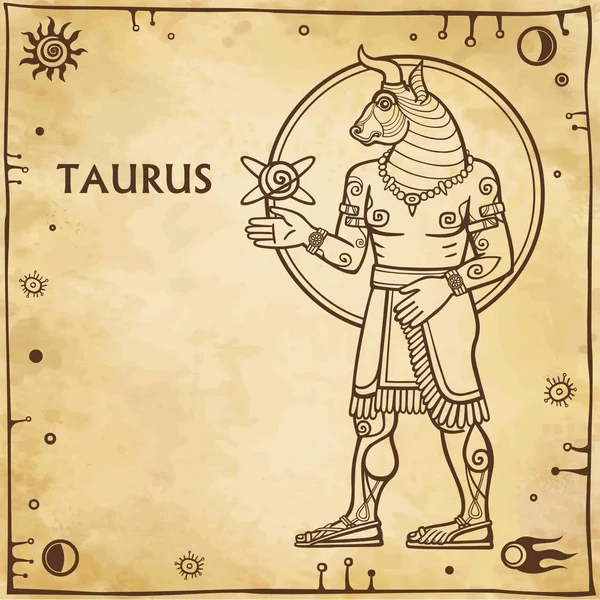 Taurus Csillagjegy. Kép a személy - a Kentaur. Rajz a sumér művészet motívumok. Teljes növekedés. Háttér - utánzat, a régi papír, a tér szimbólumok. Az a hely, a szöveg. Vektoros illusztráció. — Stock Vector