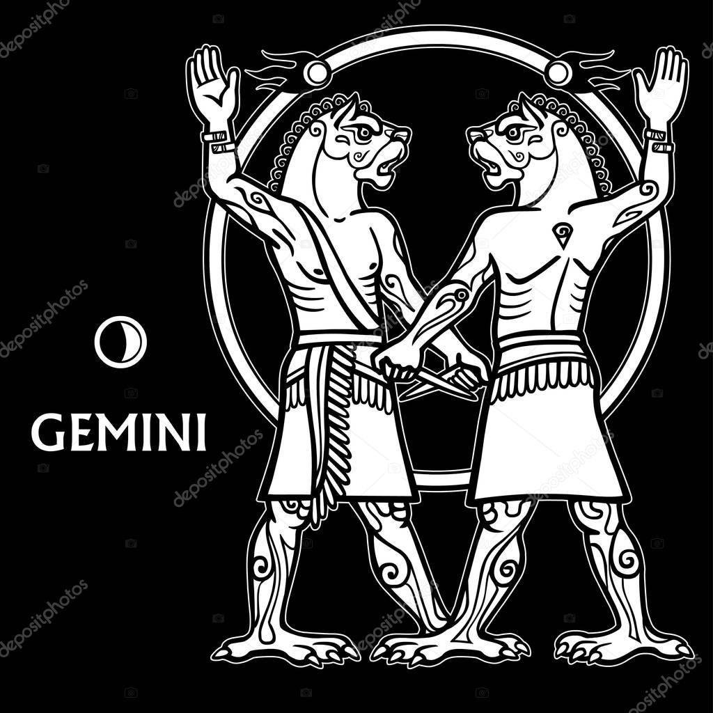Zodiac sign Gemini. Full growth. White drawing isolated on a black background, based on motives of Sumerian art. Vector illustration.