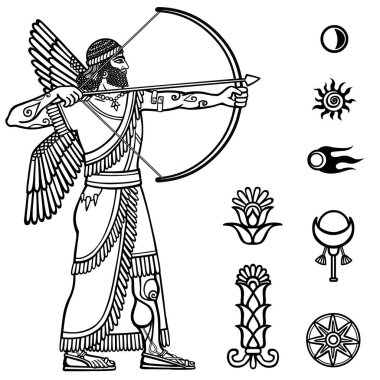 Görüntü antik okçu. Tam büyüme. Siyah ve beyaz çizim motifler beyaz bir arka plan üzerinde izole Sümer sanatının temel. Alanı simgeler. Vektör çizim.