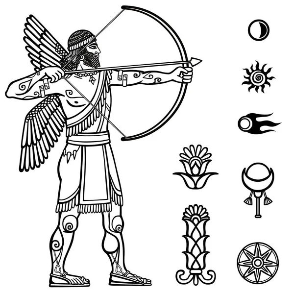 Bild av de forntida Bågskytten. Full tillväxt. Svart och vit teckning baserat på motiv av sumeriska konst, isolerad på en vit bakgrund. Utrymme symboler. Vektorillustration. — Stock vektor