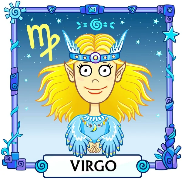Signo del zodíaco Virgo. Fantástico animal de animación. El fondo - el cielo estrellado, el marco decorativo. Ilustración vectorial . — Vector de stock