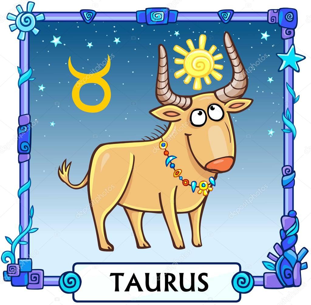 Zodiac sign Taurus. Fantastic animation animal. A background - the star sky, a decorative frame. Vector illustration.