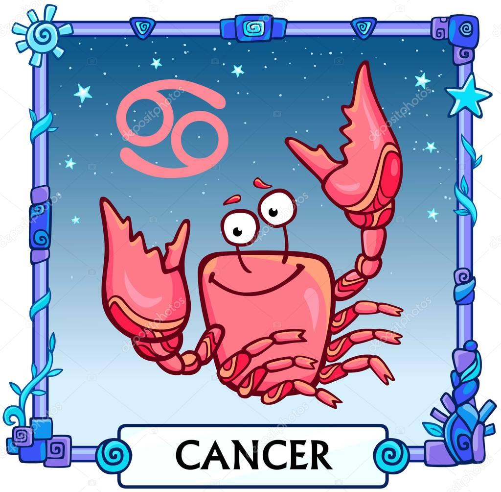 Zodiac sign Cancer. Fantastic animation animal. A background - the star sky, a decorative frame. Vector illustration.