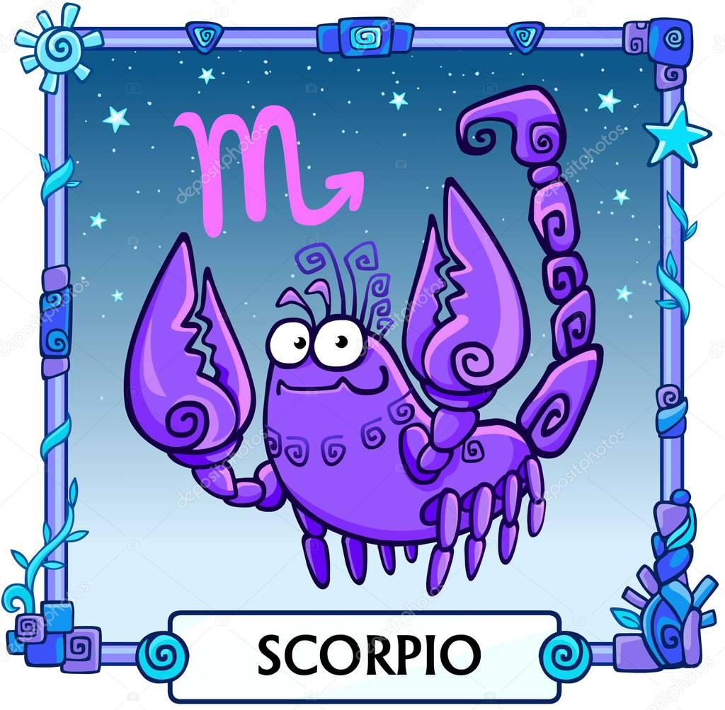 Zodiac sign Scorpio. Fantastic animation animal. A background - the star sky, a decorative frame. Vector illustration.