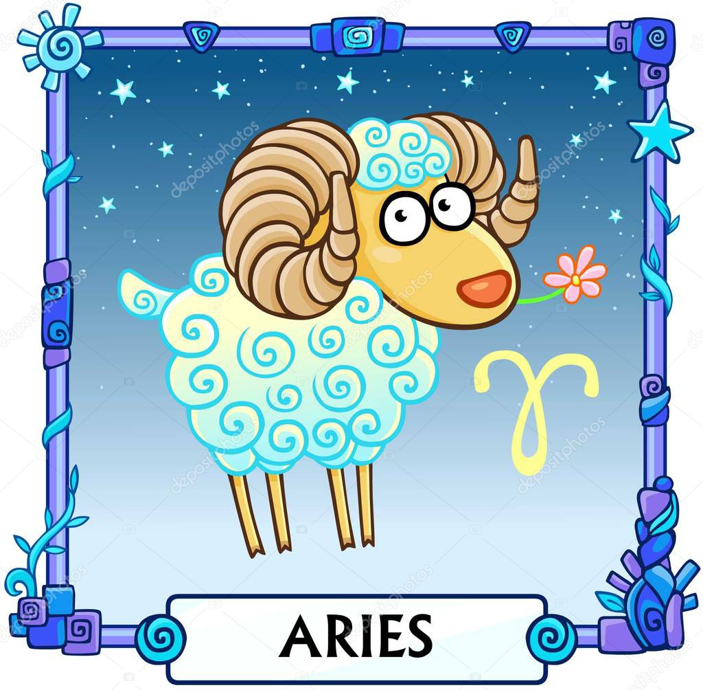 Zodiac sign Aries. Fantastic animation animal. A background - the star sky, a decorative frame. Vector illustration.