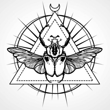 Kanatlı böcek. Ezoterik sembol, kutsal geometri. Ay işareti. Beyaz bir arka plan üzerinde izole tek renkli çizim. Vektör çizim. Baskı, poster, tişört, tekstil.