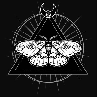 Sihirli güve. Ezoterik sembol, kutsal geometri. Tek renkli çizim bir siyah arka plan üzerine izole. Vektör çizim. Baskı, poster, tişört, tekstil.