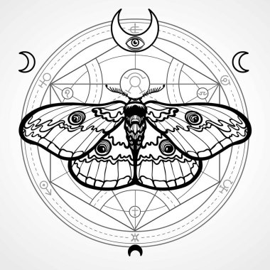 Gece güve. Mistik daire. Ezoterik sembol, kutsal geometri. Ay işareti. Tek renkli çizim. Vektör çizim. Baskı, poster, tişört, tekstil.