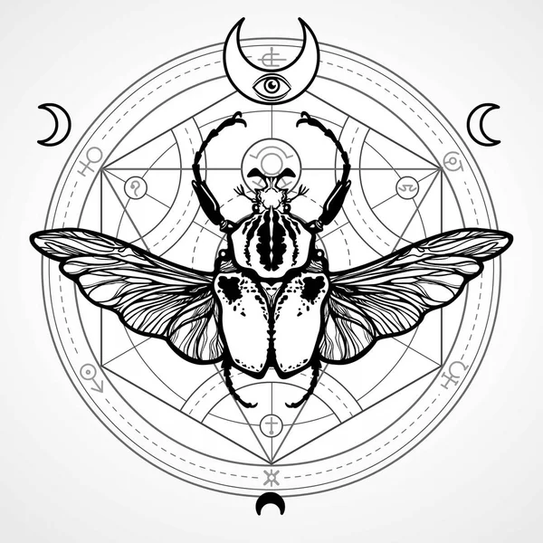 Winged bug. Mystical circle. Esoteric symbol, sacred geometry. Sign of the moon. Monochrome drawing isolated on a white background. Vector illustration. Print, posters, t-shirt, textiles. — Stock Vector