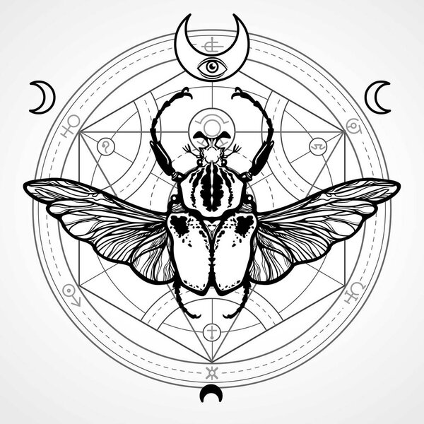 Крылатый жук. Мистический круг. Эзотерический символ, сакральная геометрия. Знак луны. Монохромный рисунок изолирован на белом фоне. Векторная иллюстрация. Печать, плакаты, футболки, текстиль
.