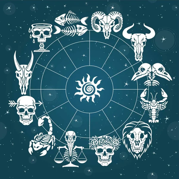Kostní horoskop. Znamení zvěrokruhu. Astrologické kruh. Pozadí - hvězdné oblohy. Vektorové ilustrace. — Stockový vektor