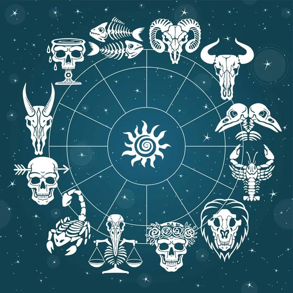 Oroscopo osseo. Segni zodiacali. Cerchio astrologico. Sfondo - il cielo di stella. Illustrazione vettoriale . — Vettoriale Stock