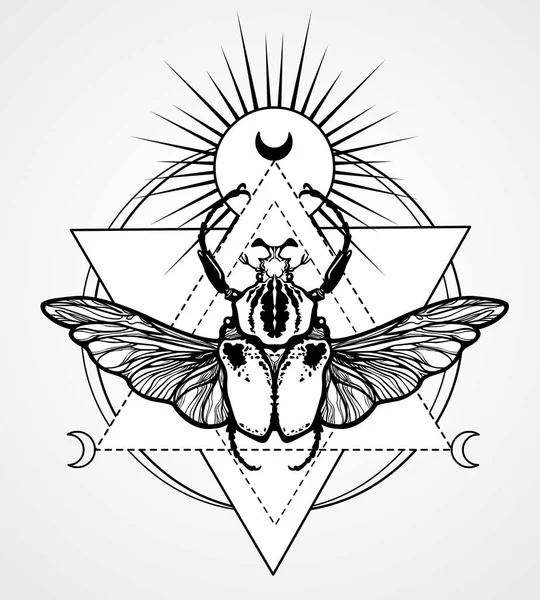 Bug Góliát. Ezoterikus szimbólum, Szent geometria. Fekete-fehér rajz elszigetelt egy szürke háttér. Vektoros illusztráció. Nyomtatás, plakát, póló, textil. — Stock Vector