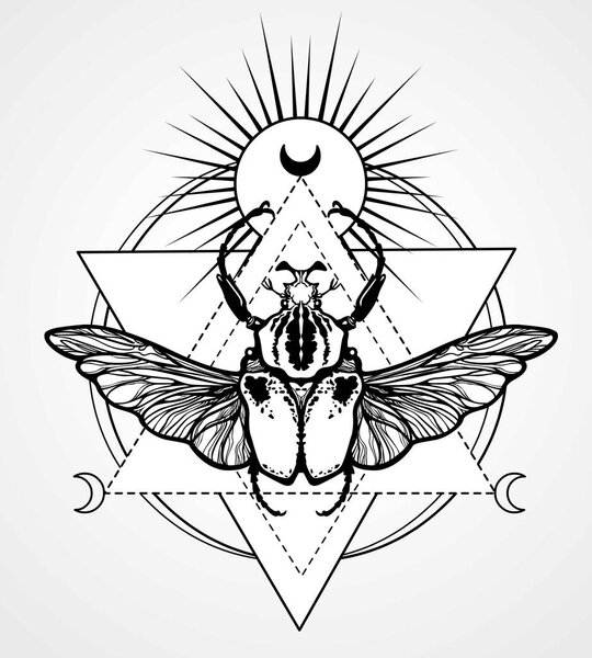 Жук Голиаф. Эзотерический символ, сакральная геометрия. Монохромный рисунок изолирован на сером фоне. Векторная иллюстрация. Печать, плакаты, футболки, текстиль
.