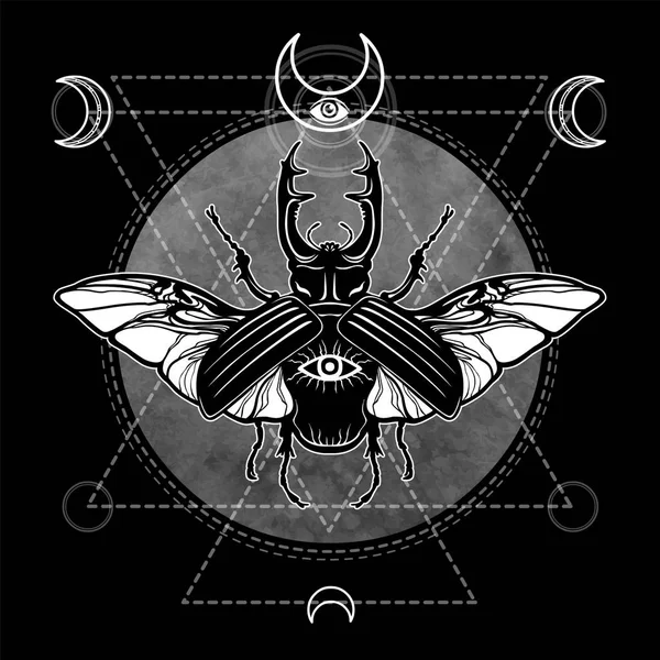 Insectos com chifres. Símbolo esotérico, geometria sagrada, imagens da lua. Desenho monocromático. Ilustração vetorial. Impressão, cartazes, t-shirt, têxteis . —  Vetores de Stock