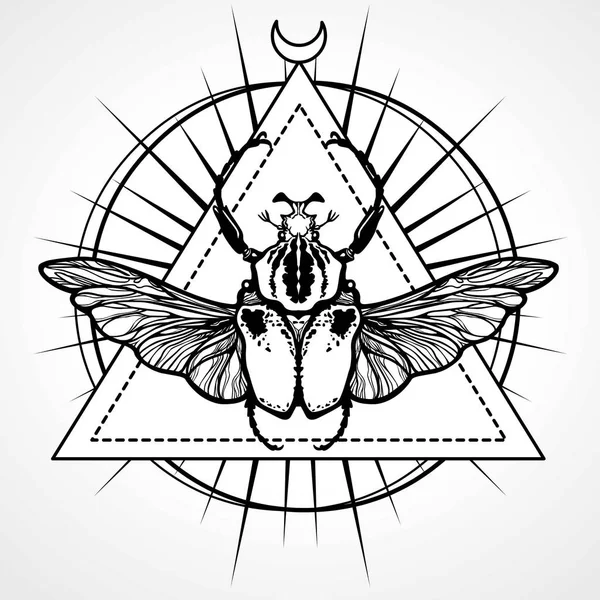 Insectos alados. Símbolo esotérico, geometria sagrada. Sinal da lua. Desenho monocromático isolado sobre um fundo branco. Ilustração vetorial. Impressão, cartazes, t-shirt, têxteis . — Vetor de Stock