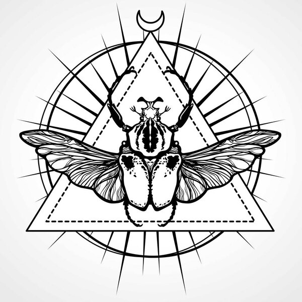 Крылатый жук. Эзотерический символ, сакральная геометрия. Знак луны. Монохромный рисунок изолирован на белом фоне. Векторная иллюстрация. Печать, плакаты, футболки, текстиль
.