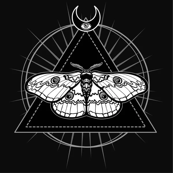 Magic moth. Esoteric symbol, sacred geometry. Monochrome drawing isolated on a black background. Vector illustration. Print, posters, t-shirt, textiles. — Stock Vector