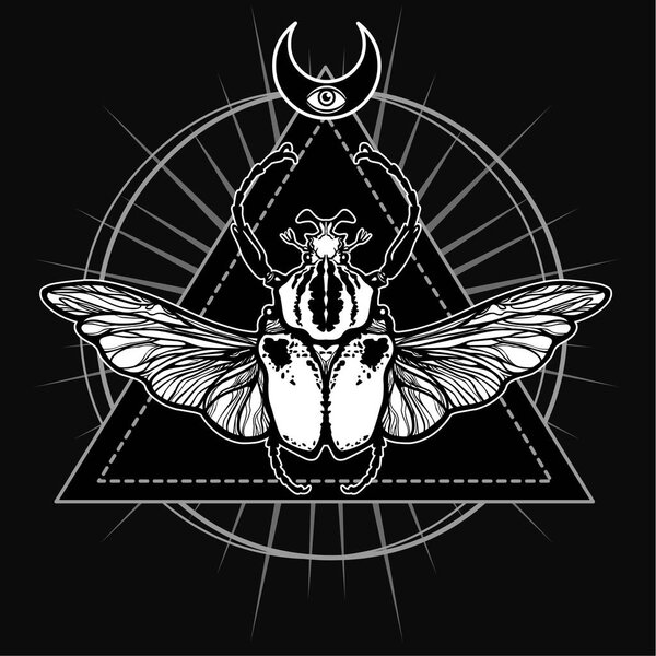 Крылатый жук. Эзотерический символ, сакральная геометрия. Знак луны. Монохромный рисунок изолирован на черном фоне. Векторная иллюстрация. Печать, плакаты, футболки, текстиль
.