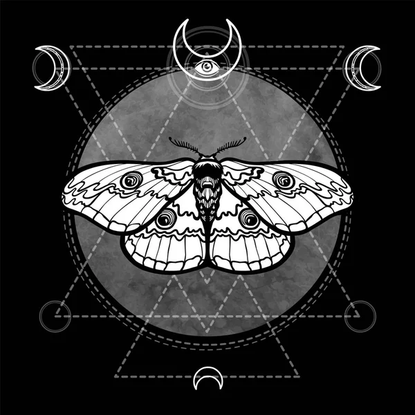 Natt moth. Esoteriska symbolen, sakral geometri, bilder av månen. Svartvita ritning. Vektorillustration. Tryck, affischer, t-shirt, textilier. — Stock vektor