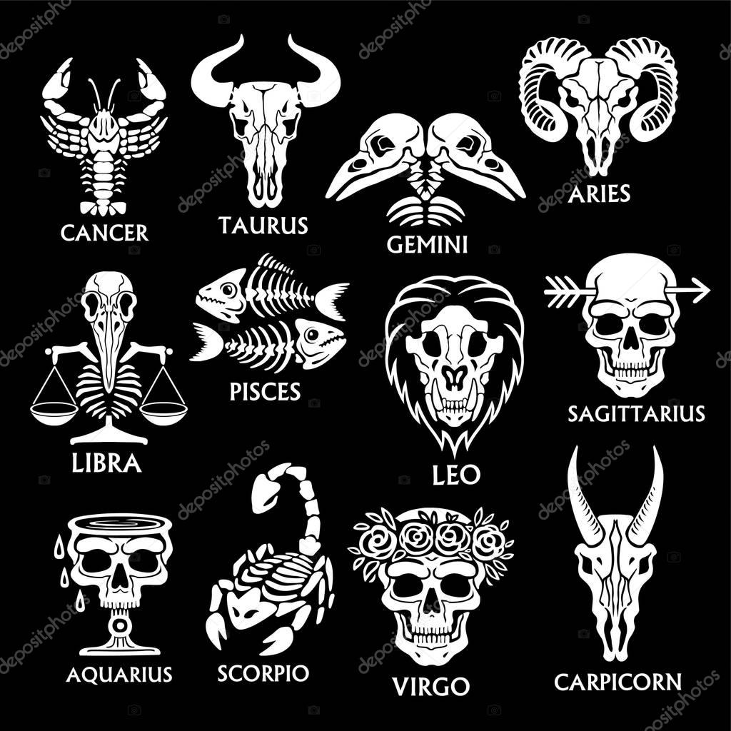 Bone horoscope. Zodiac signs. White icons isolated on a black background. Vector illustration.