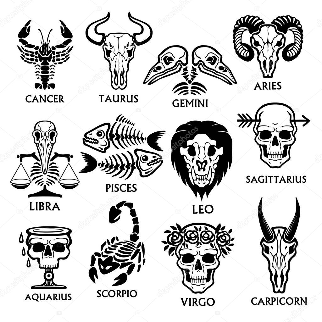 Bone horoscope. Zodiac signs. Black icons isolated on a white background. Vector illustration.