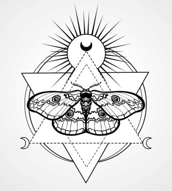 Sihirli güve. Ezoterik sembol, kutsal geometri. Tek renkli çizim gri bir arka plan üzerinde izole. Vektör çizim. Baskı, poster, tişört, tekstil.