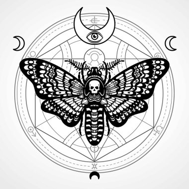 Dekoratif güve ölü kafa. Mistik daire. Ezoterik sembol, kutsal geometri. Ay işareti. Tek renkli çizim gri bir arka plan üzerinde izole. Vektör çizim. Baskı, poster, tişört, tekstil.