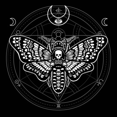 Güve ölü kafa. Mistik daire. Ezoterik sembol, kutsal geometri. Ay işareti. Tek renkli çizim bir siyah arka plan üzerine izole. Vektör çizim. Baskı, poster, tişört, tekstil.