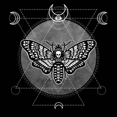 Dekoratif güve ölü kafa. Ezoterik sembol, kutsal geometri. Ay işareti. Tek renkli çizim bir siyah arka plan üzerine izole. Vektör çizim. Baskı, poster, tişört, tekstil.