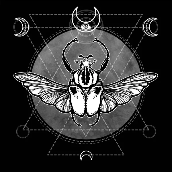 Bug Góliát. Ezoterikus szimbólum, Szent geometria. A Hold jele. Elszigetelt fekete alapon fekete-fehér rajz. Vektoros illusztráció. Nyomtatás, plakát, póló, textil. — Stock Vector