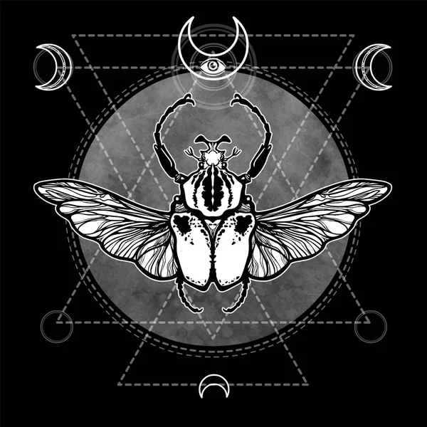 Bug Golia. Simbolo esoterico, geometria sacra. Segno della luna. Disegno monocromatico isolato su sfondo nero. Illustrazione vettoriale. Stampa, manifesti, t-shirt, tessuti . — Vettoriale Stock