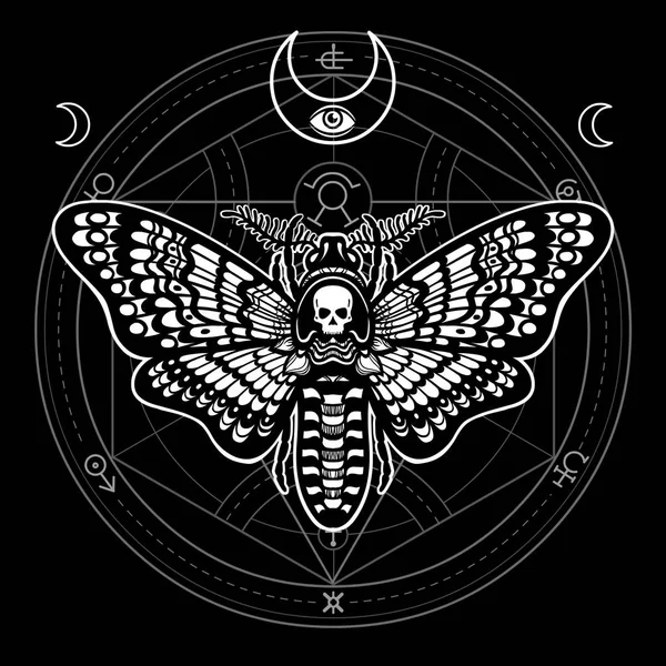 Moth Dead Head. Lingkaran mistik. Simbol esoteris, geometri suci. Tanda-tanda bulan. Gambar monokrom terisolasi pada latar belakang hitam. Vektor ilustrasi. Cetak, poster, t-shirt, tekstil . Stok Ilustrasi Bebas Royalti
