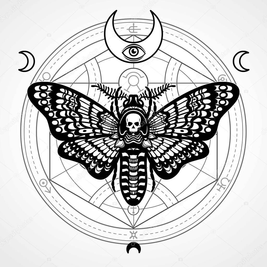 Decorative moth Dead Head. Mystical circle.Esoteric symbol, sacred geometry. Sign of the moon. Monochrome drawing isolated on a grey background. Vector illustration. Print, posters, t-shirt, textiles.