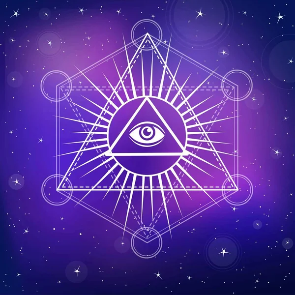Ojo de la Providencia. Todos viendo el ojo dentro de la pirámide del triángulo. Símbolo esotérico, geometría sagrada. Fondo - el cielo estrellado nocturno. Ilustración vectorial. Imprimir, carteles, camiseta, tarjeta . — Archivo Imágenes Vectoriales