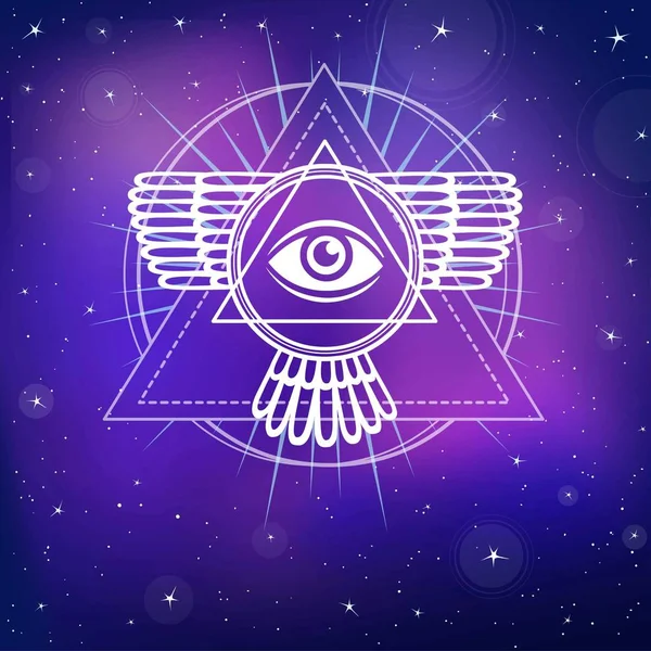 Езотеричний символ: крилата піраміда, око знань, сакральна геометрія. Фон - нічне зоряне небо. Векторні ілюстрації. Друк, плакати, футболка, картка . — стоковий вектор
