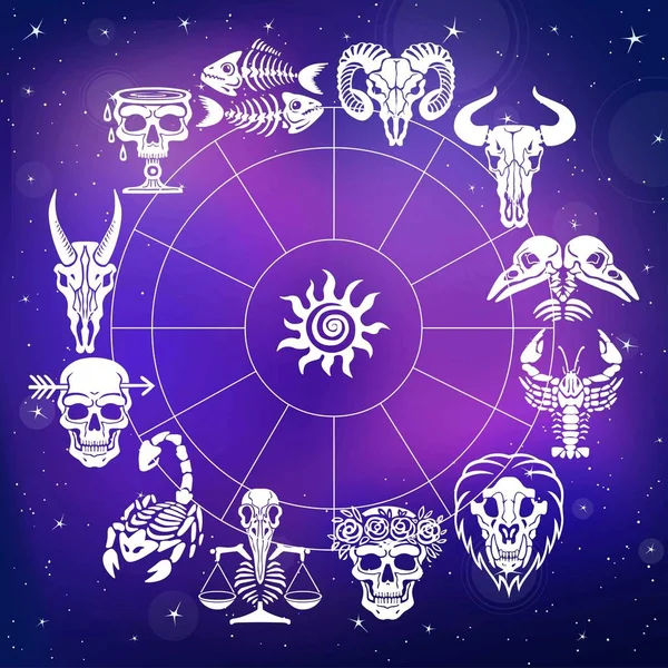 Гороскоп костей. Знаки зодиака. Астрологический круг. Фон - звездное небо. Векторная иллюстрация . — стоковый вектор