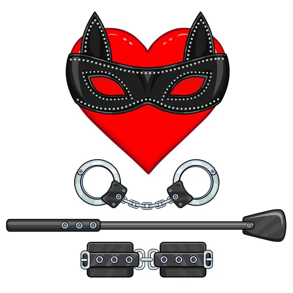 Animation heart in a mask. Set of erotic toys. The vector illustration isolated on a white background. Valentine's Day card. — Stock Vector