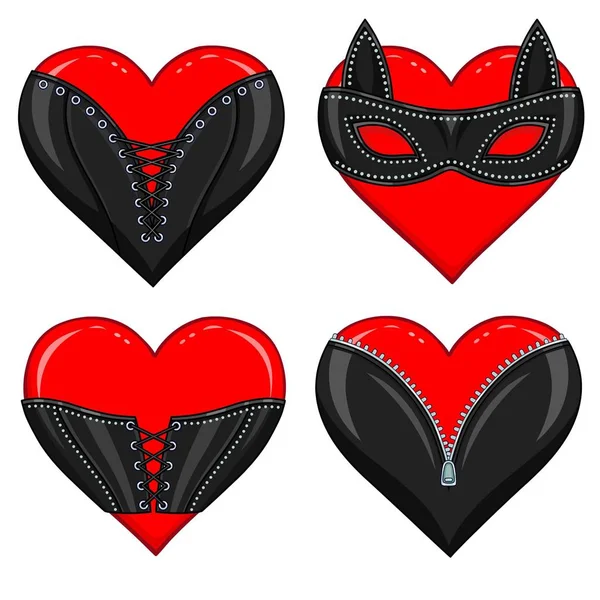 Conjunto de divertidos corazones de animación con atributos eróticos. Ilustración vectorial aislada sobre fondo blanco. Tarjeta de San Valentín . — Vector de stock