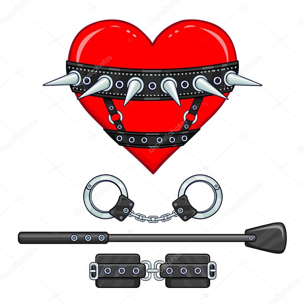 Animation heart in a collar. Set of erotic toys. The vector illustration isolated on a white background. Valentine's Day card.