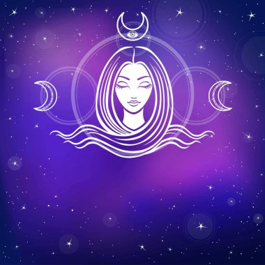 Stylized portrait of the young beautiful girl with long hair. Esoteric symbol of a feminine, goddess, mermaid. Background - the night star sky. Vector illustration. Place for the text. clipart