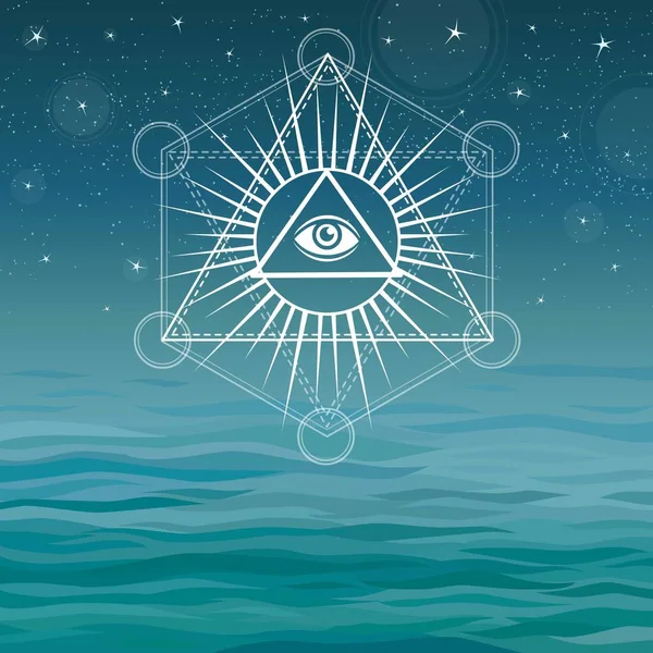 Unterwasserpyramiden. Bermudadreieck. heilige Geometrie. esoterisches Symbol. ein Hintergrund - eine Meereslandschaft, der Sternenhimmel. Vektorillustration. der Ort für den Text. — Stockvektor